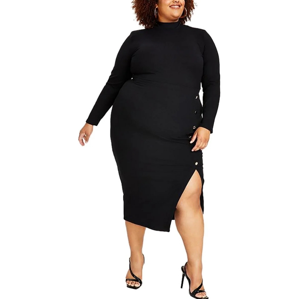 NWT Nina Parker 1X Black Button-Detail Midi Dress 3975-